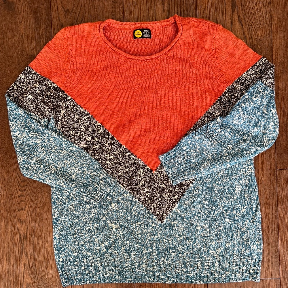 Colorblock Life is Good Womens Sweater  - Orange, Blue, and Gray
